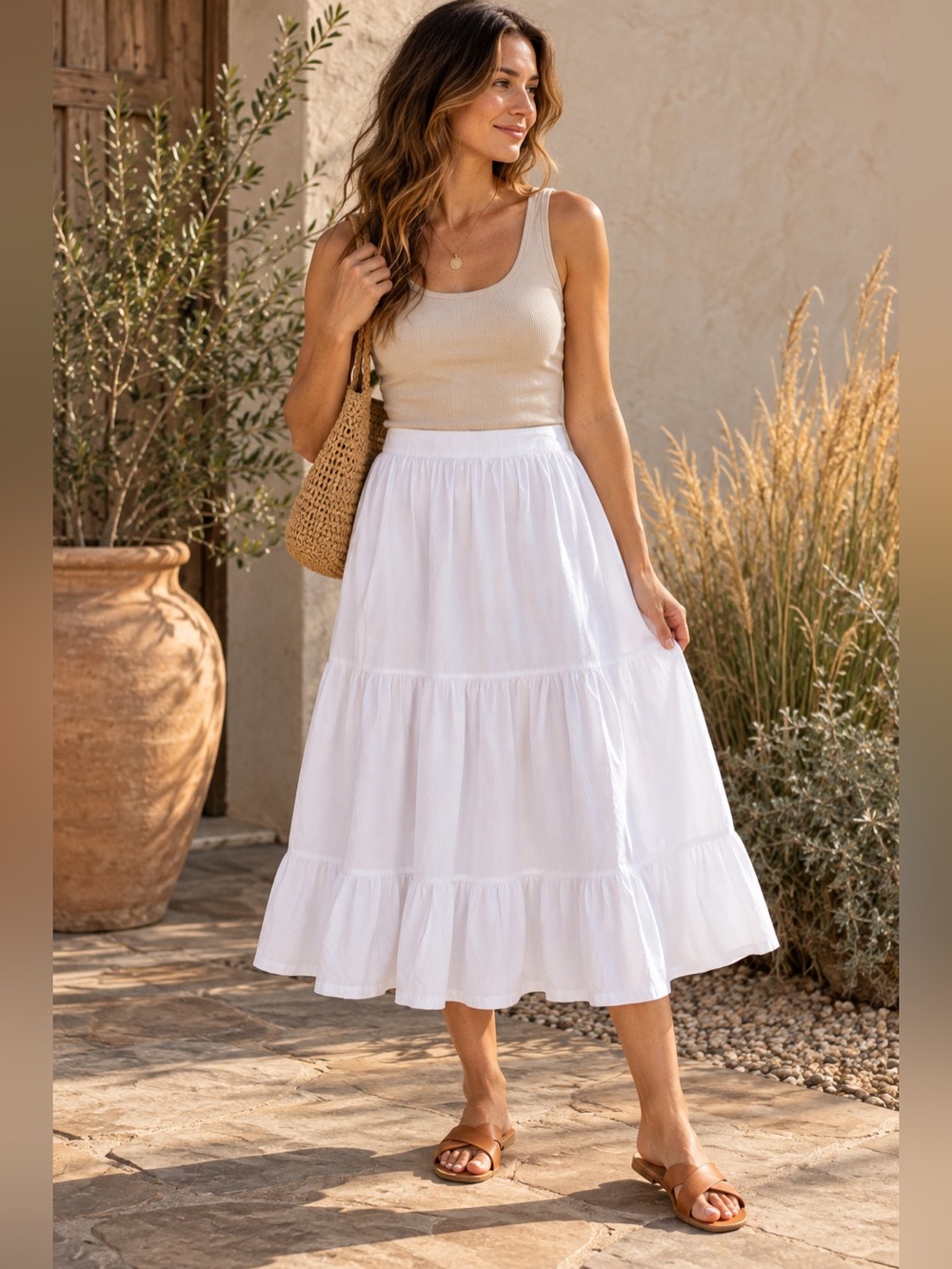 NWT Japna White Cotton Tiered Midi Skirt Size M